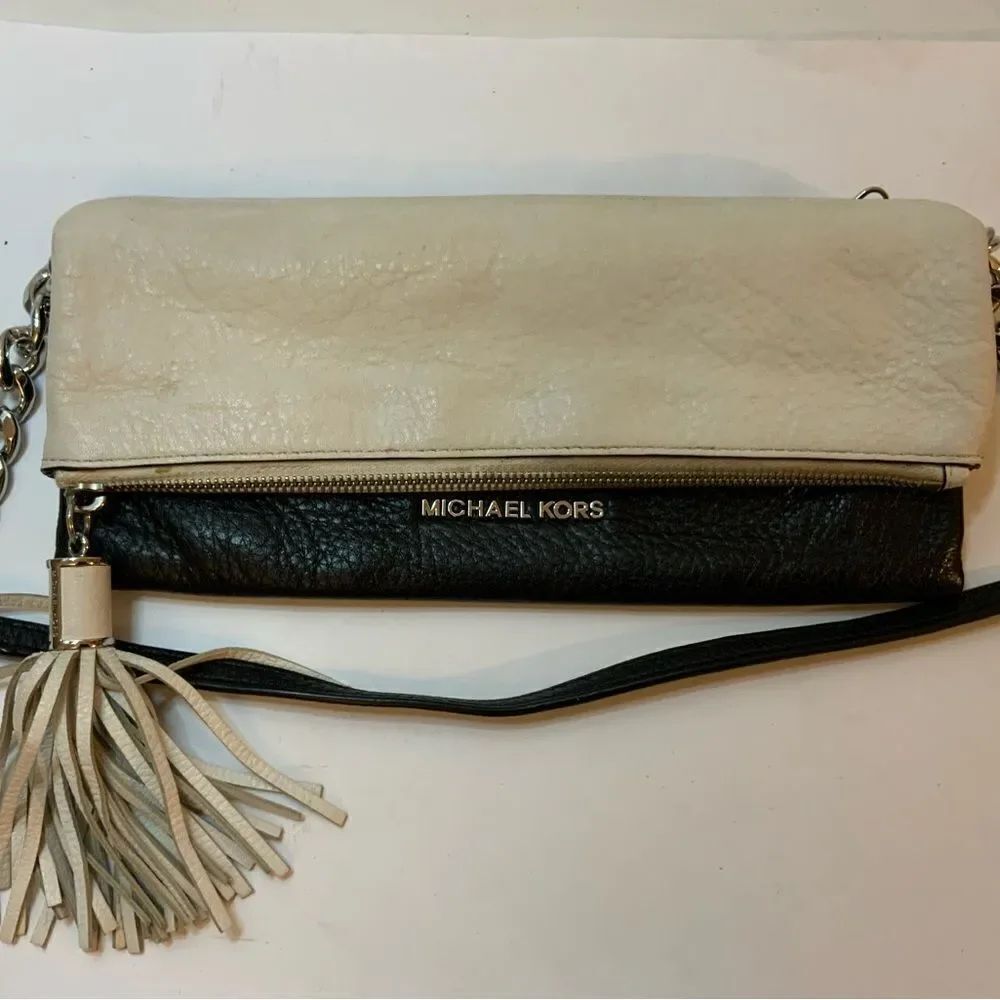 Michael Kors Black & White Shoulder Bag folded chain strap tassels
